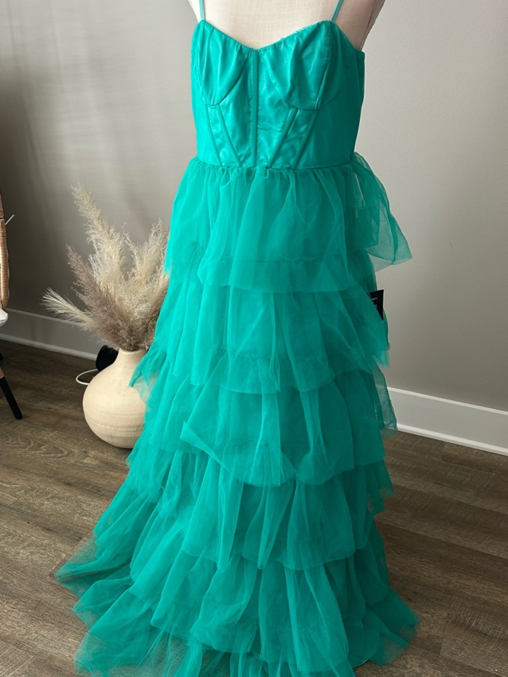 Lulu’s Rule the Runway Teal Green Tulle Bustier Tiered Prom Formal Maxi Dress XL - Picture 8 of 10